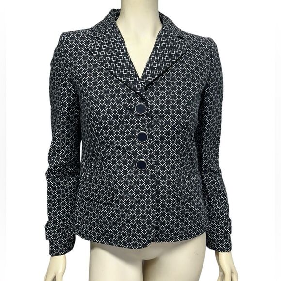 Ann Taylor Silk Cotton Black and white blazer button coat jacket design print - Picture 1 of 7